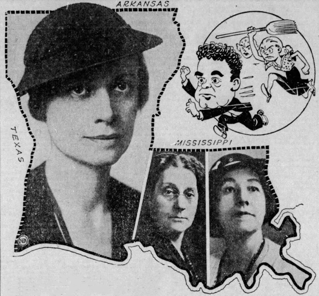 Illustration from article in the September 2, 1932 edition of the Austin American-Statesman newspaper (syndicated illustration), introducing the leaders of the Women’s Committee of Louisiana. Left to right: Hilda Phelps Hammond, Ida Weiss Friend and Martha Westfeldt.