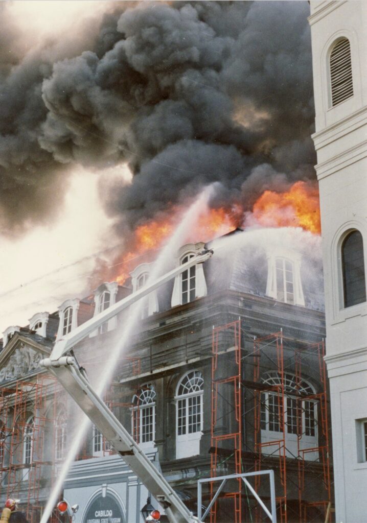 May 12, 1988, fire at the Cabildo. Photo courtesy of the Collections of the Louisiana State Museum.