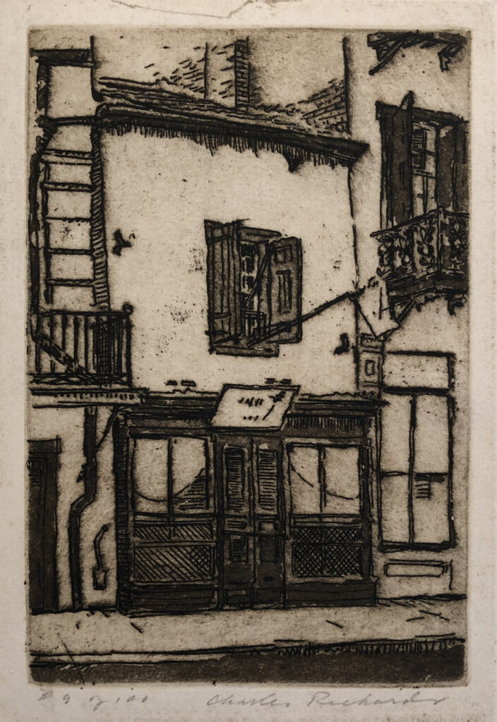 New Orleans artist Charles Richards captured the Green Shutter in this etching, circa 1940s. (Private collection)