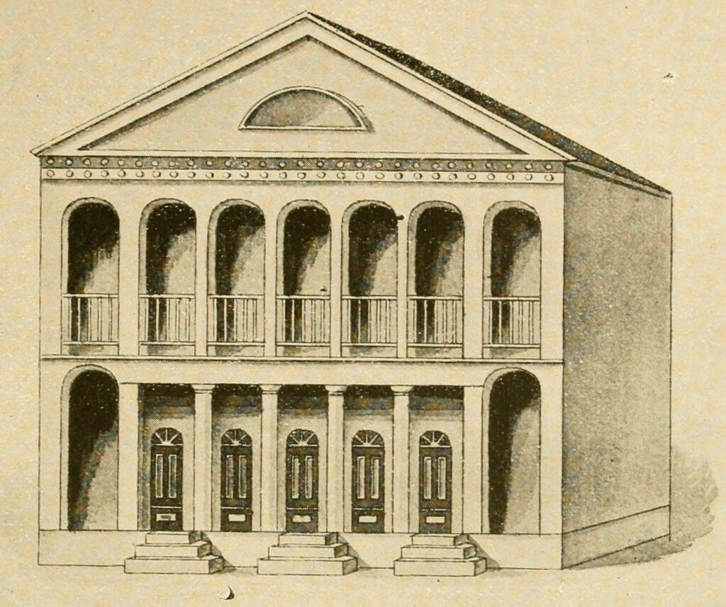 The St. Philip Street Theater, ca. 1810, from an architectural drawing in the New Orleans Public Library. Suzanne and Louis Douvillier performed in this theatre, and Suzanne had a hand in its management. Draftsman unknown. Wikimedia Commons.