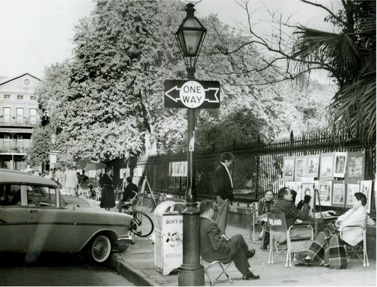 Artists along the fence at Jackson Square around 1960.