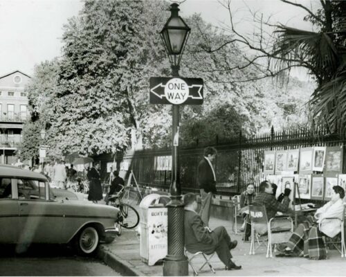 Artists along the fence at Jackson Square around 1960.